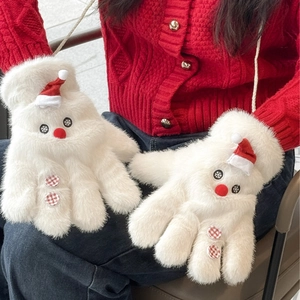 Christmas Snowman Plush Gloves Faux Fur Thick Warm Winter Outdoor Mittens Cute Cartoon Design Hanging Neck Strap