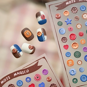 3D embossed button nail art stickers featuring vintage sewing patterns and patchwork