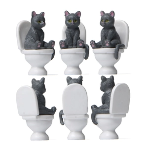 Funny grey cat sitting on white toilet miniature figurine with multi-angle views