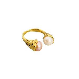 Adjustable gold open ring featuring elegant white and pink cultured pearls on white background