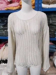 Detail shot of white hollow-out knit crochet sunscreen top with round neck and mesh texture