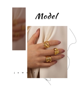 Close-up of layered geometric gold rings on a model hand with modern minimalist design