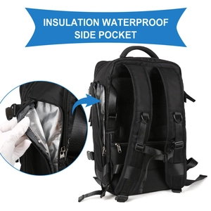 Detail of waterproof insulation side pocket on large capacity travel backpack