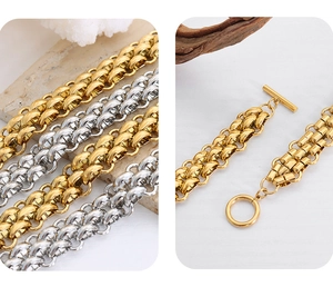 Close-up of gold OT toggle clasp on a thick chunky Cuban link chain necklace set