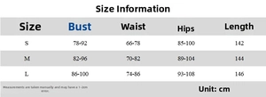 Detailed size chart for floral print one-shoulder slim maxi dress with body measurements