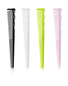 Close-up of professional plastic hair combs in black, white, lime green, and pink colors