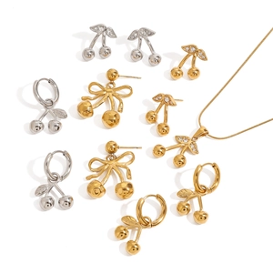 Cute cherry jewelry set including gold and silver necklaces and crystal stud earrings