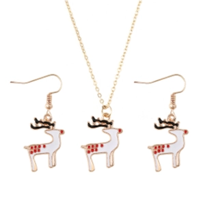 Detail view of festive reindeer pendant necklace and earrings set with gold finish