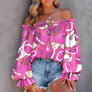 Pink off-shoulder long sleeve top with chain and leopard print and flared sleeves