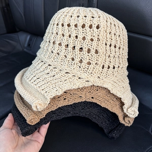 Women Knit Bucket Hat Hollow Crochet Sun Hat Foldable Breathable Summer Beach Sun Protection Solid Color Casual