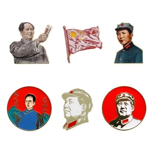 Set of six vintage-style metal enamel badges featuring historical motifs and classic slogans