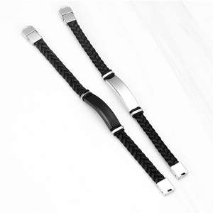 Men's retro punk braided leather bracelets with black and silver stainless steel plates
