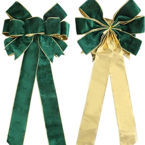 Double-layer velvet Christmas tree bows in green and gold with elegant long ribbon tails