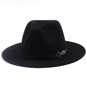 Close-up of black felt fedora hat featuring a thin belt and silver fish metal ornament