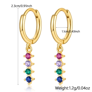 Detailed size specifications of 925 silver gold earrings with colorful round gemstones