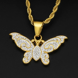 Hip hop style gold butterfly necklace with white enamel and sparkling rhinestones
