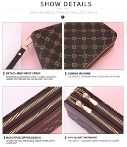 Detail of vintage flower print wallet with dual zipper and detachable wrist strap