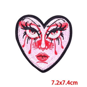Pink heart embroidery patch with red crying eye and lips, gothic style, 7.2x7.4cm