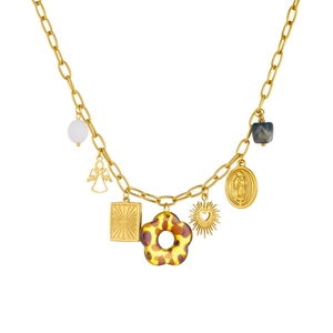Gold chain necklace with leopard flower charms and sun pendants on white background