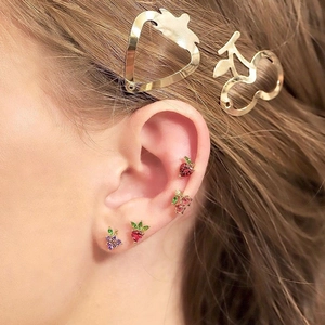 Colorful zircon fruit earrings and gold hollow strawberry hairpins set for women