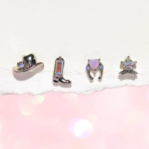 Western style silver stud earrings set featuring cowboy hat, boot, heart and sheriff star