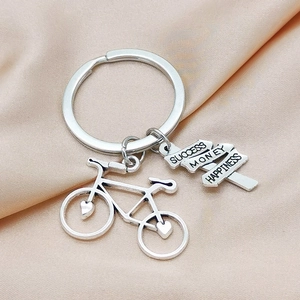 Bicycle Keychain Metal Road Sign Success Money Happiness Inspirational Pendant Vintage Key Ring Ornaments