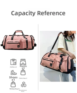 Detail showing high-capacity pink travel bag storage for clothes, shoes and toiletries