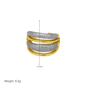Detail of 17mm two-tone ring with micro-paved zircons and 18k gold plated stripes