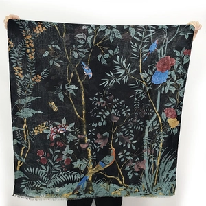 Floral and bird print satin scarf in black with vibrant classical Chinese artwork