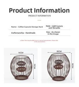Size chart for iron coffee capsule storage rack showing 14x15cm and 16x18cm specifications