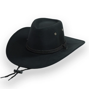Cappello da cowboy nero in pelle scamosciata a tesa larga con cinturino regolabile