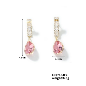 Detail view of pink teardrop gemstone earrings with dimensions 4.8cm height and 1.4cm width