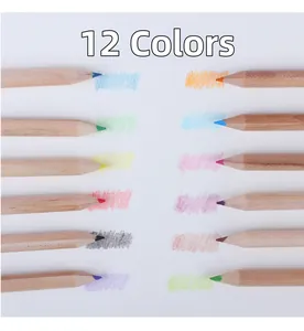 Close-up of 12 vibrant colored pencils with natural wood barrels and matching swatches