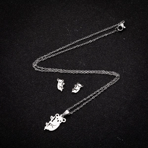 Cute stainless steel koala jewelry set with necklace and stud earrings on black texture