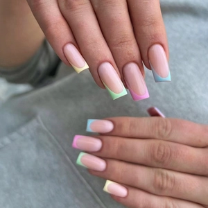 Rainbow French Tip Press On Nails Square Macaron Colorful False Nails Plastic Nude Base Elegant Manicure For Women