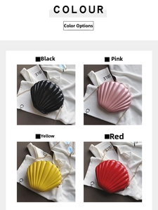 Clutch lucide a forma di conchiglia con catene in nero, rosa, giallo e rosso