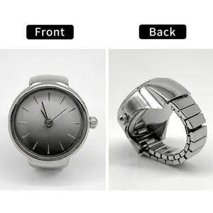 Silver round dial ring watch with elastic stainless steel band showing front and back views