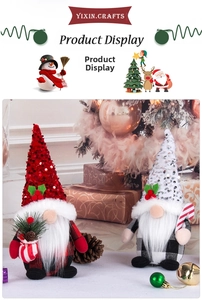 Detailed view of Christmas gnomes with sequined hats and plaid clothes in festive setting