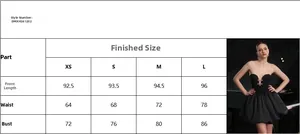 Size chart for black strapless evening dress with bow detail and measurements for XS to L