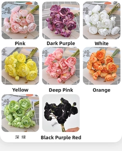 Close-up of artificial ranunculus bouquets in eight vibrant colors for home decor