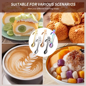 Detailed views of creative cat-shaped stainless steel spoons used for coffee and desserts