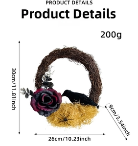 Halloween wreath size guide showing 30cm height and 200g weight on white background