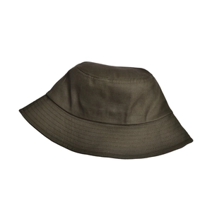 Close-up of olive green cotton bucket hat featuring reinforced brim with six rows of stitching