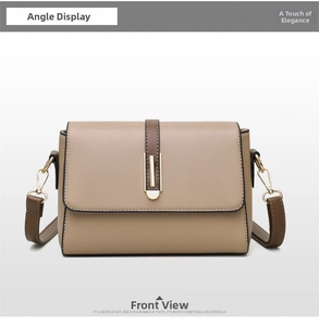 Detailed front view of khaki litchi texture crossbody bag with gold-tone metal buckle