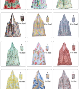 Folded and unfolded views of portable 190T polyester shopping bags with various prints