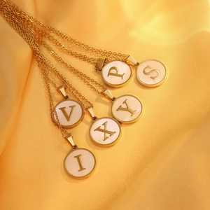 18K gold plated stainless steel necklaces with round shell initial pendants on silk