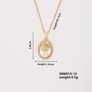 Detailed view of oval gold portrait pendant with dimensions 2.05x1.41cm and chain length