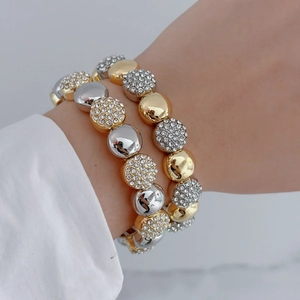 Fashionable brass gold and silver beaded bracelets with sparkling zircon crystal accents