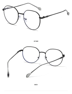 Detail view of black square glasses frame showing 45-degree side and back with metal temples