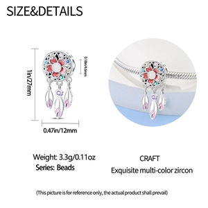 Detailed size chart for dreamcatcher charm with colorful zircons and feather pendants